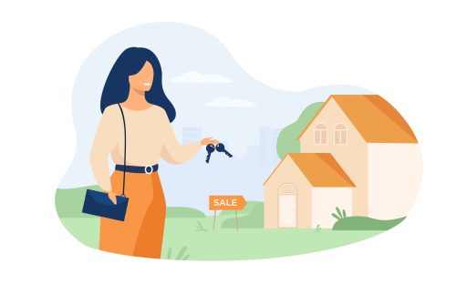 Realty agent holding keys and standing near building Realty agent holding keys and standing near building isolated flat vector illustration. Cartoon woman and house for sale. Real estate and mortgage concept